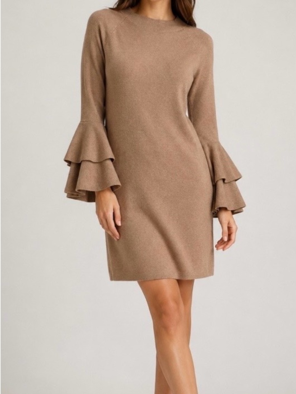 Anthropologie Camel Ruffle-Sleeve Knit Shift Dress